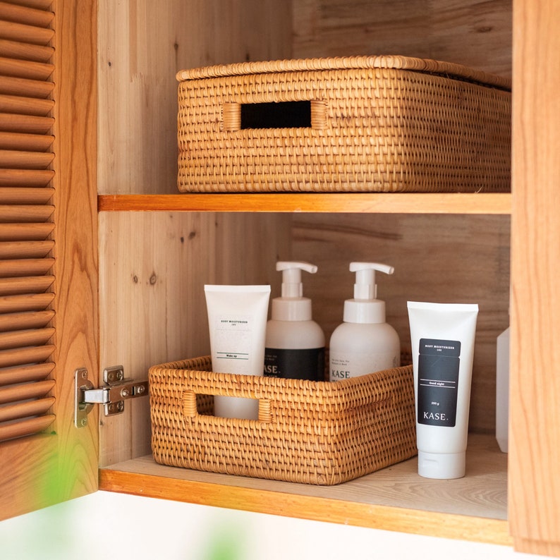 Handmade rectangular woven rattan basket