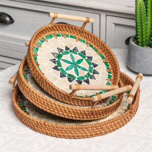 A round mother-of-pearl tray with a rattan base, perfect for holding fruit, coffee table trays, storage, and display organizers.