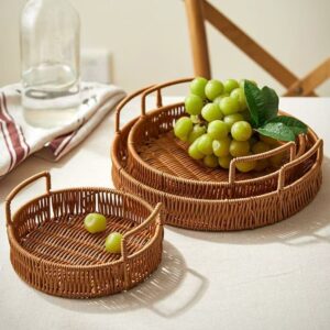 Decorative Faux Rattan Woven Basket - Drainage Storage Organizer for Fruits, Veggies, Snacks & Desktop Miscellany