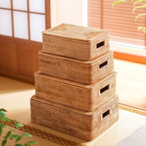 Rattan woven basket with lid rectangular groceries and cosmetics storage basket home hotel restaurant storage box